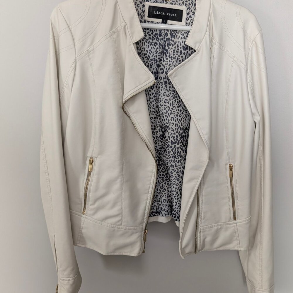 Black Rivet - White Vegan Leather Cafe Racer Jacket (Women) - L